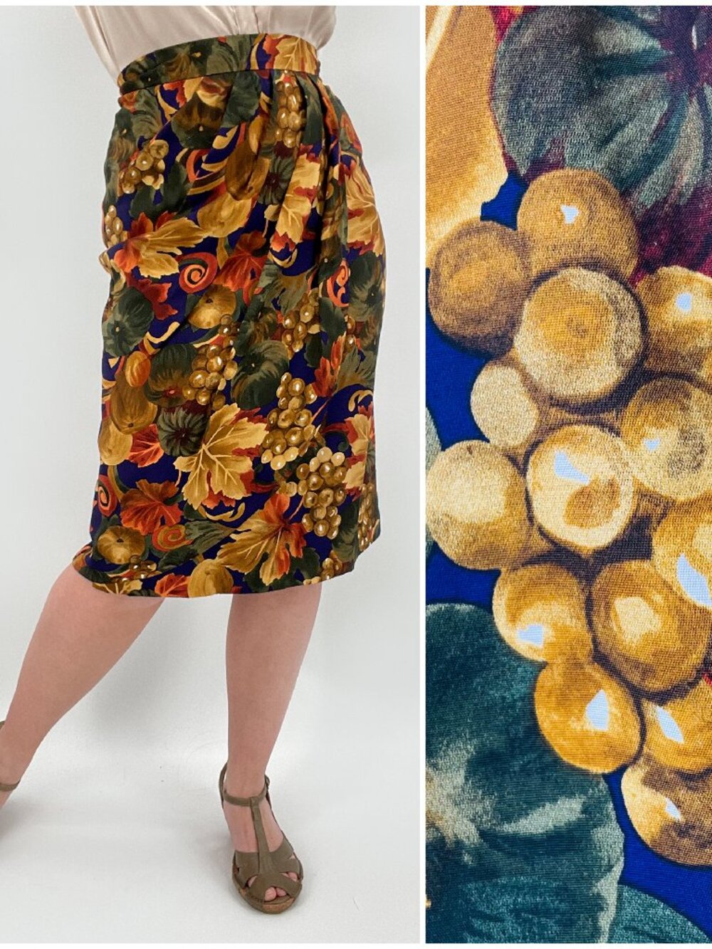 Vintage Novelty Grape Autumn Fall Draped Pencil Skirt | Size Medium
